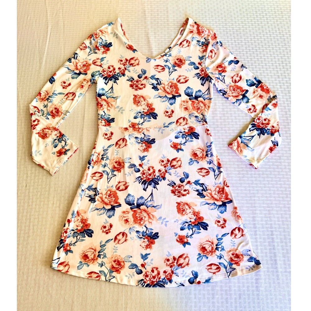 Style 6 Floral Open Back Mini Dress Long Sleeve Peach Blue Rose Print Size M